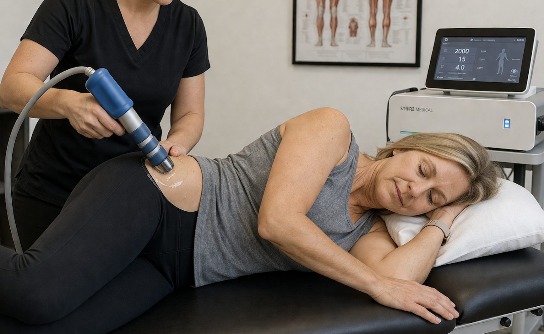 woman receiving shockwave therapy for TFL and glute muscle