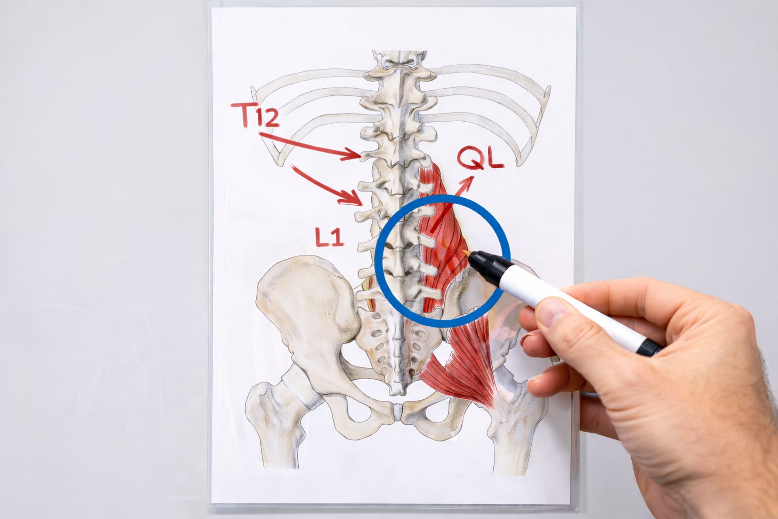 drawing of ql and tl junction. Quadratus lumborum is a triangle muscle from lower ribs to upper pelvic, Thoracolumbar is last thoracic spine T12 and first lumbar spine L1.
