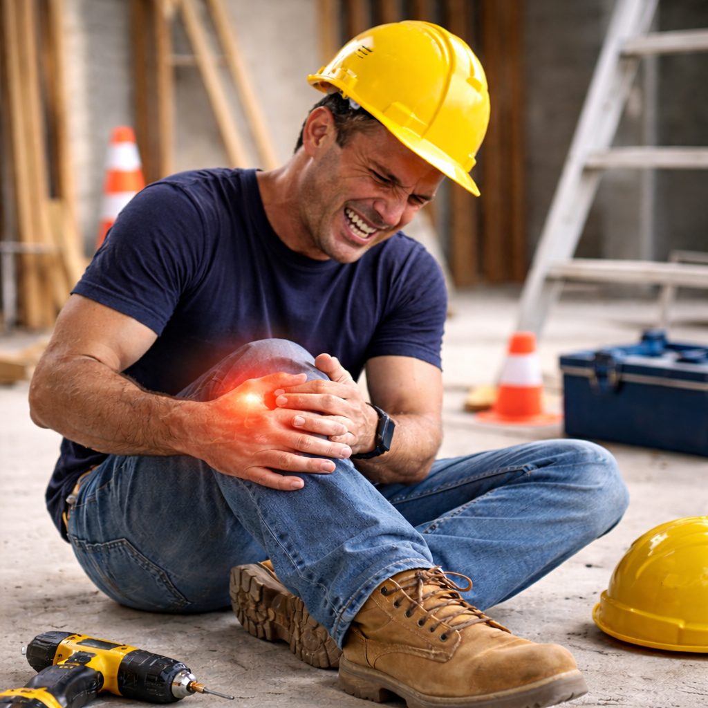male construction worker with yellow hard hat and wearing jeans sitting on ground hold knee, this simulates a wsib injury where the person is hurt at work