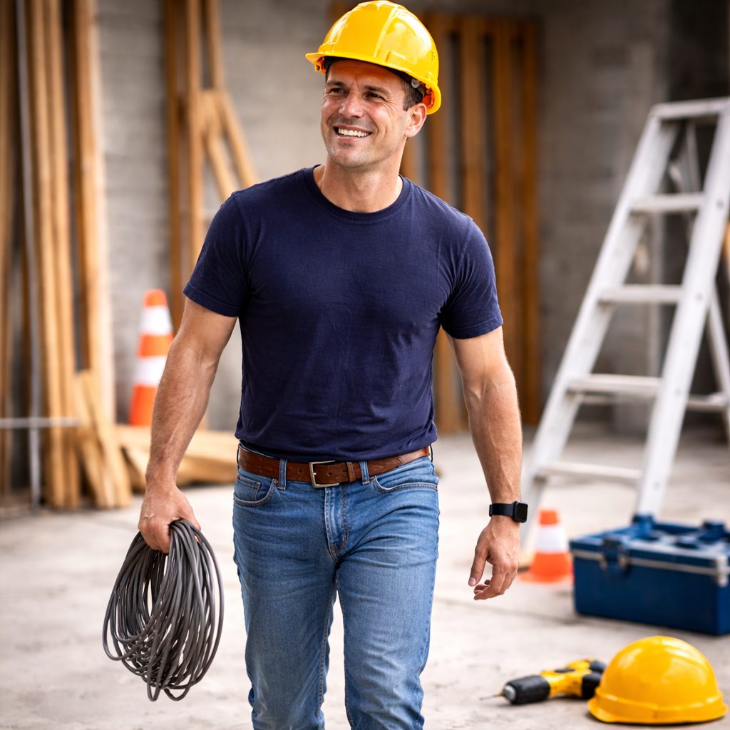 the injured construction worker from above, smiling and walking around job site, jeans, belt, tight blue tshirt and yellow hardhat.