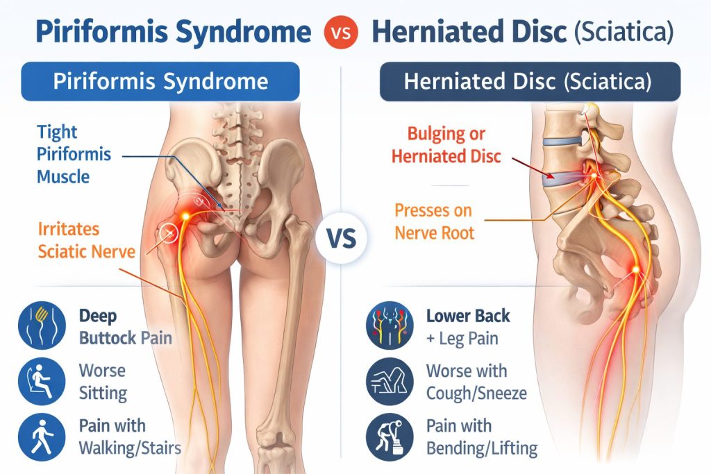 meme showing piriformis syndrome, starts in the but, vs, herniated disc, starts in back. both can cause nerve pain in the leg