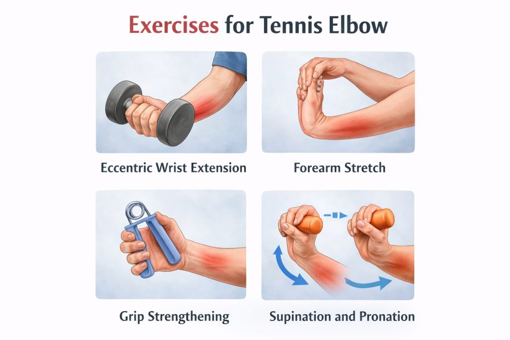 4 exercises for tennis elbow, rehab of the wrist , hand and elbow. please get a professional to show you how to perform!