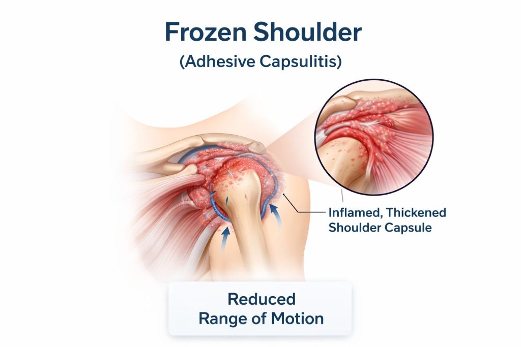 a meme of frozen shoulder. looks hot and stuck inside the shoulder joint.