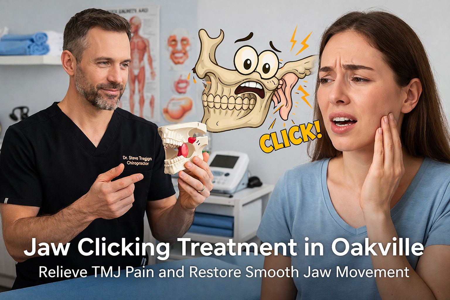 a meme of dr steve talking to a female patient about jaw pain. her jaw looks injured