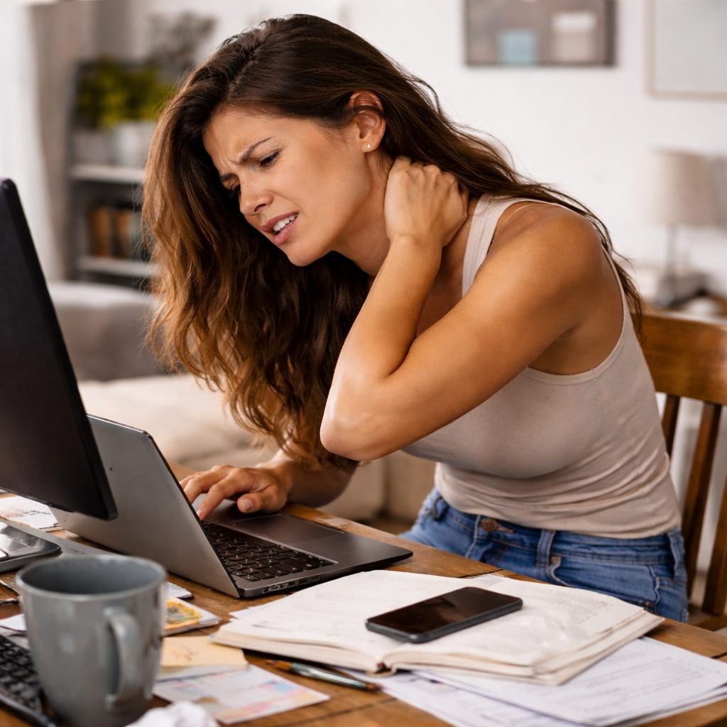 female patient working over laptop and phone and monitor holding left side of neck from pain and computer position