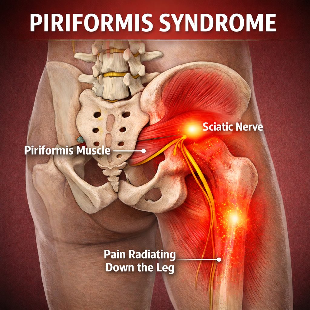 a cartoon of piriformis syndrome. a hot nerve in the right bum shooting red and yellow pain down the leg