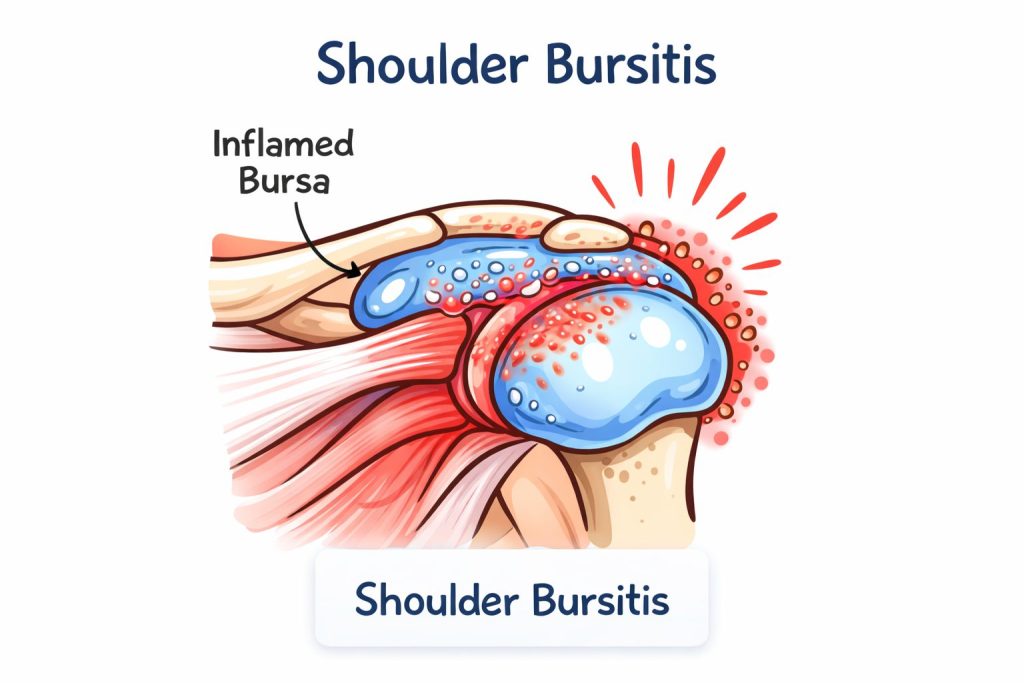 a meme of shoulder bursitis, the fluid sacks in the joint look big and swollen