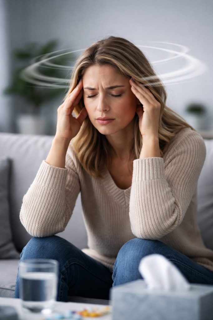 women holding her head looking dizzy with vertigo in oakville treatment