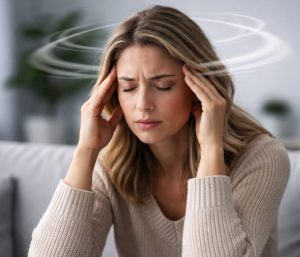 women holding her head looking dizzy with vertigo in oakville treatment
