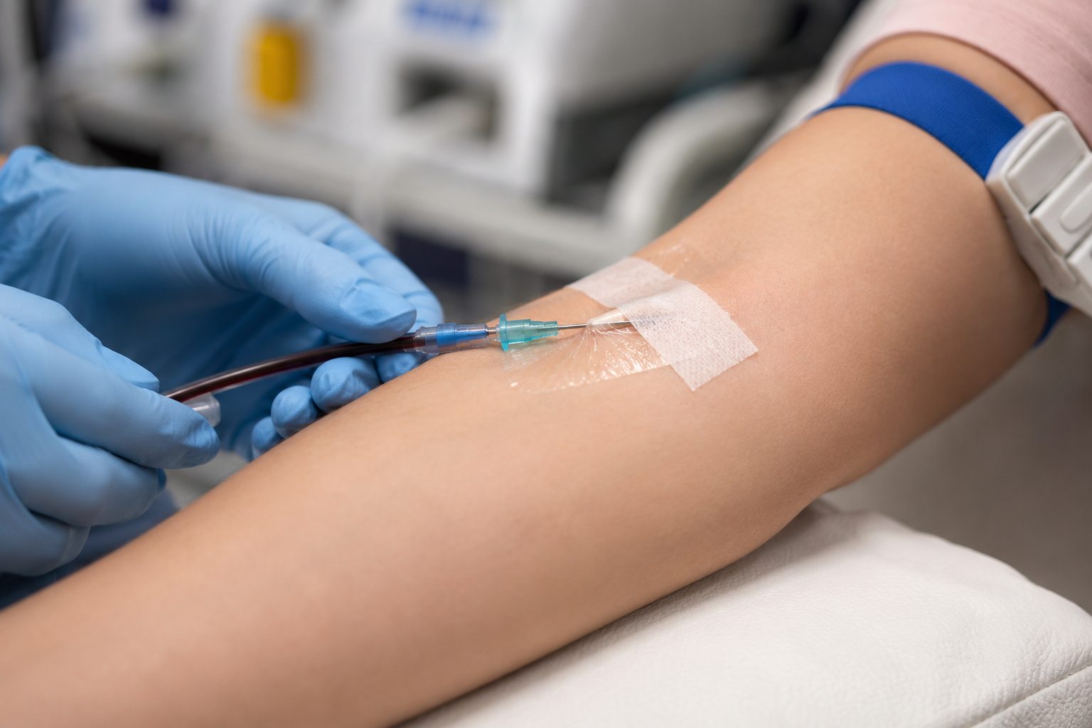 pic of a needle in a patients arm for an iron transfusion