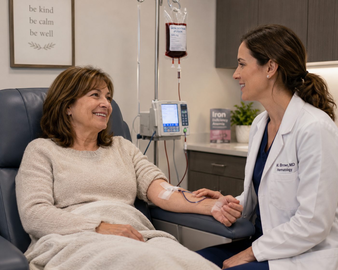 Female doctor talking to female patient with blood bag depicting iron transfusion