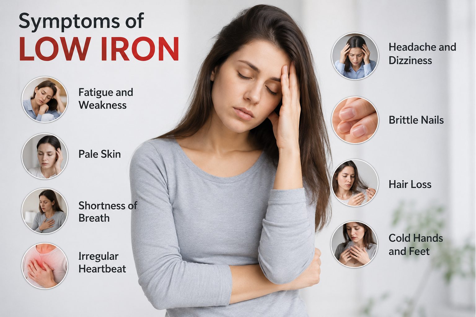 iron deficiency symptoms and a pic of a lady looking tired holding her head