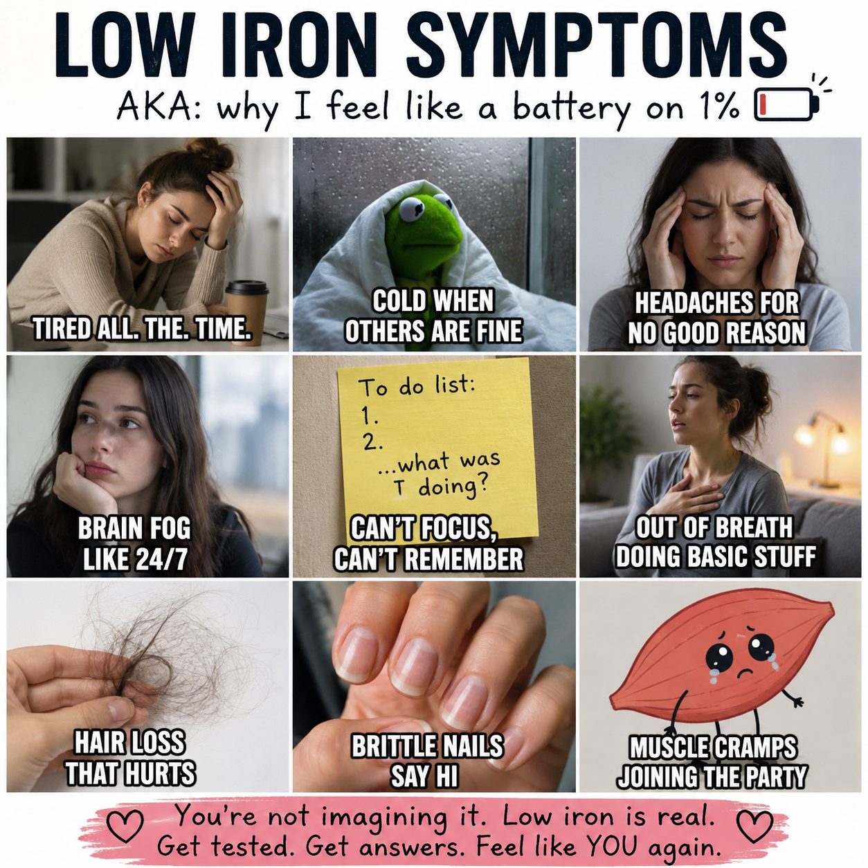 A meme of low iron symptoms, tired, not your self, cold, brain fog all the time