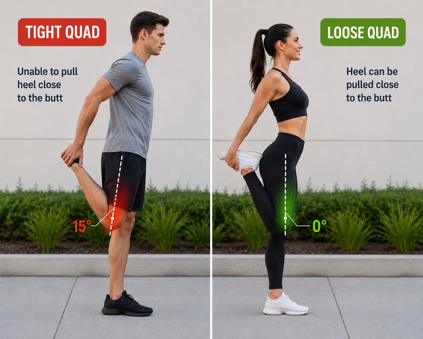 1 male and 1 female trying to stretch their quads , standing, the male is about 5 inches from his bum, the lady can press her foot into her bum showing how loose her quads are and how tight his quads are.