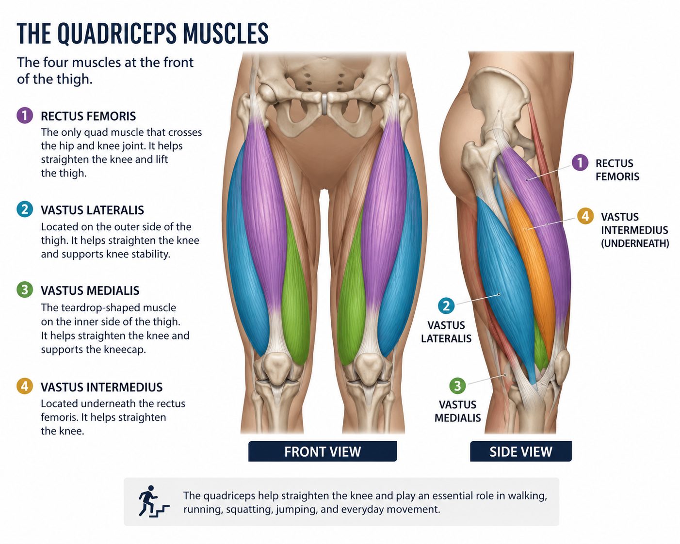 Pic of the 4 quad muscles in the front of a cartoon leg