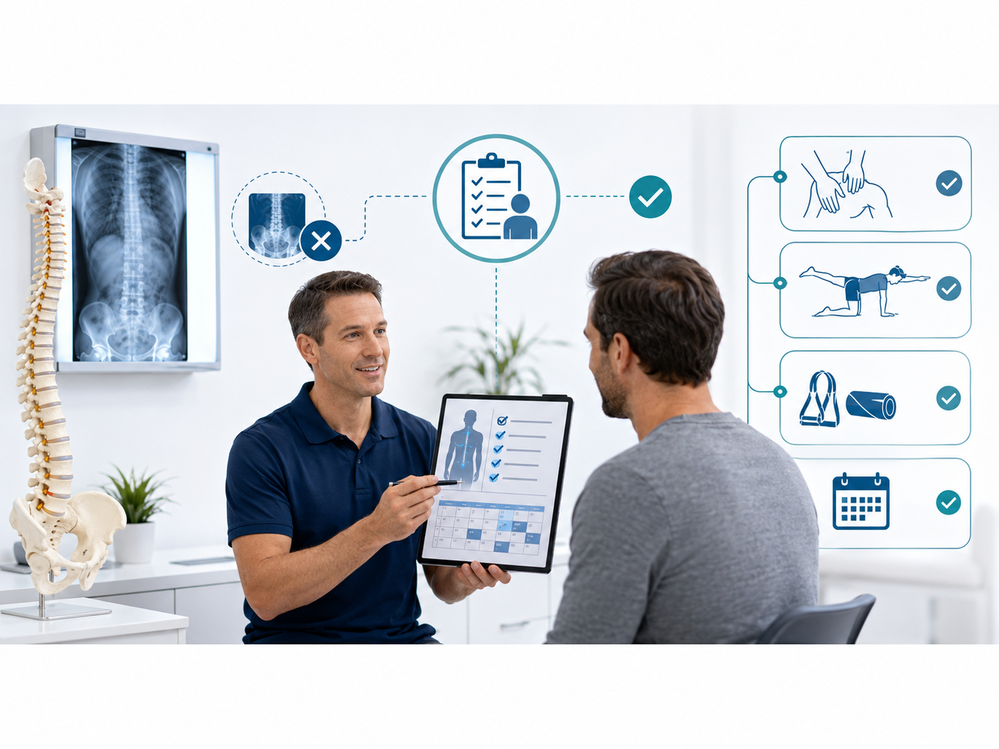 Chiropractor going through treatment options with a male patient