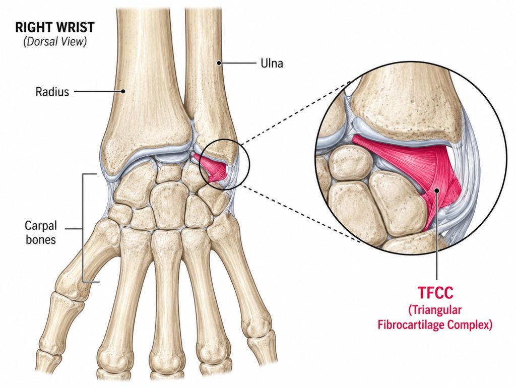 A drawing of tfcc injury, pinky side of hand at wrist joint.