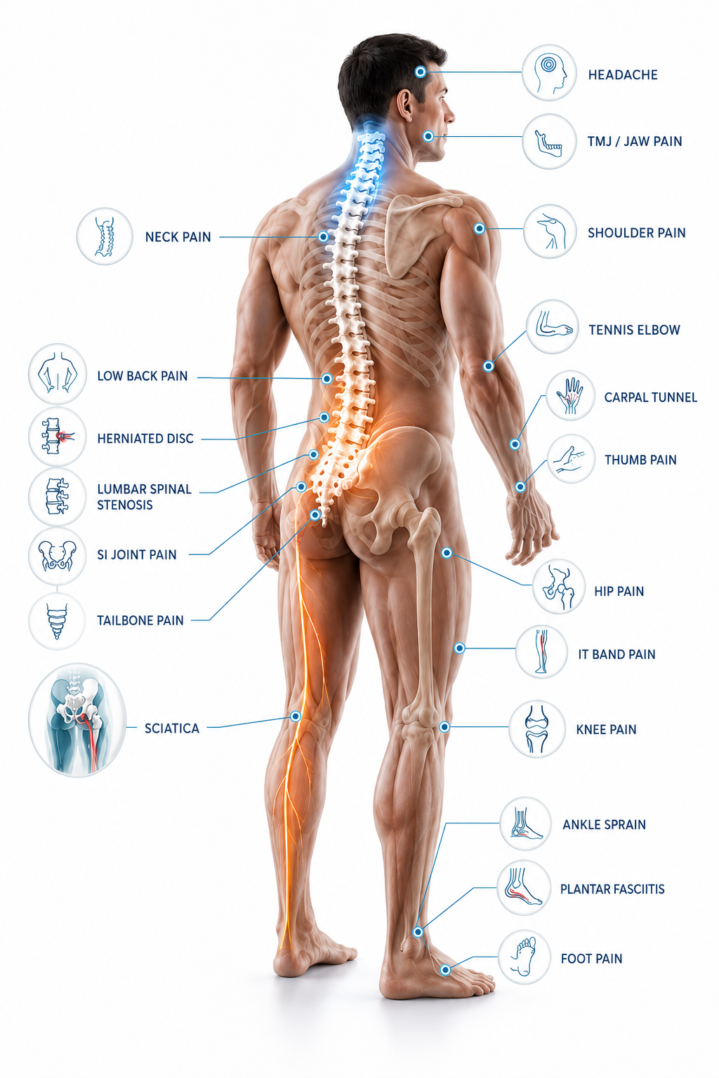 a cartoon of conditions our chiropractors treat: from tmj to bunions and everything in between