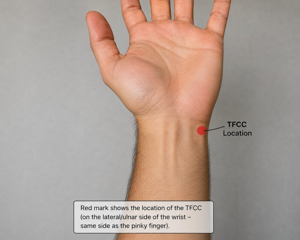 Human hand with red dot where the TFCC pain would be on pinky side of wrist