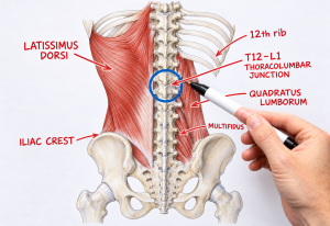 cartoon of the anatomy of the TL junction and low back and ribs