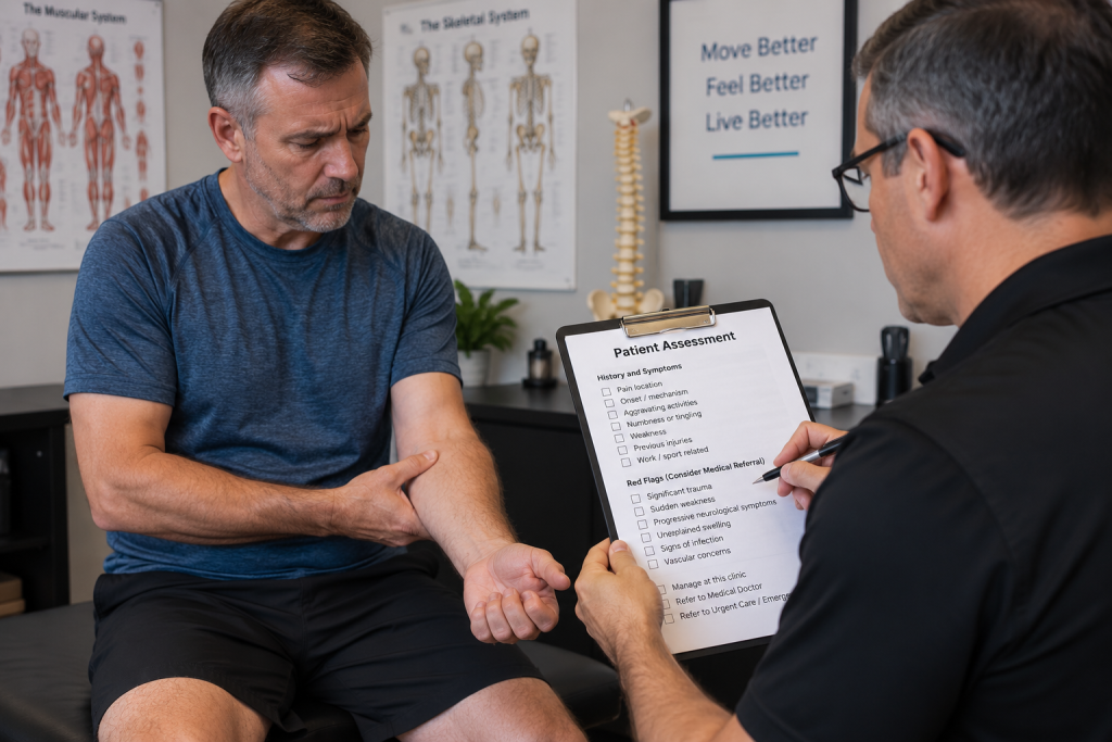 A doctor telling a male patient that he needs to go to the emergency room with his arm and tingling pain.