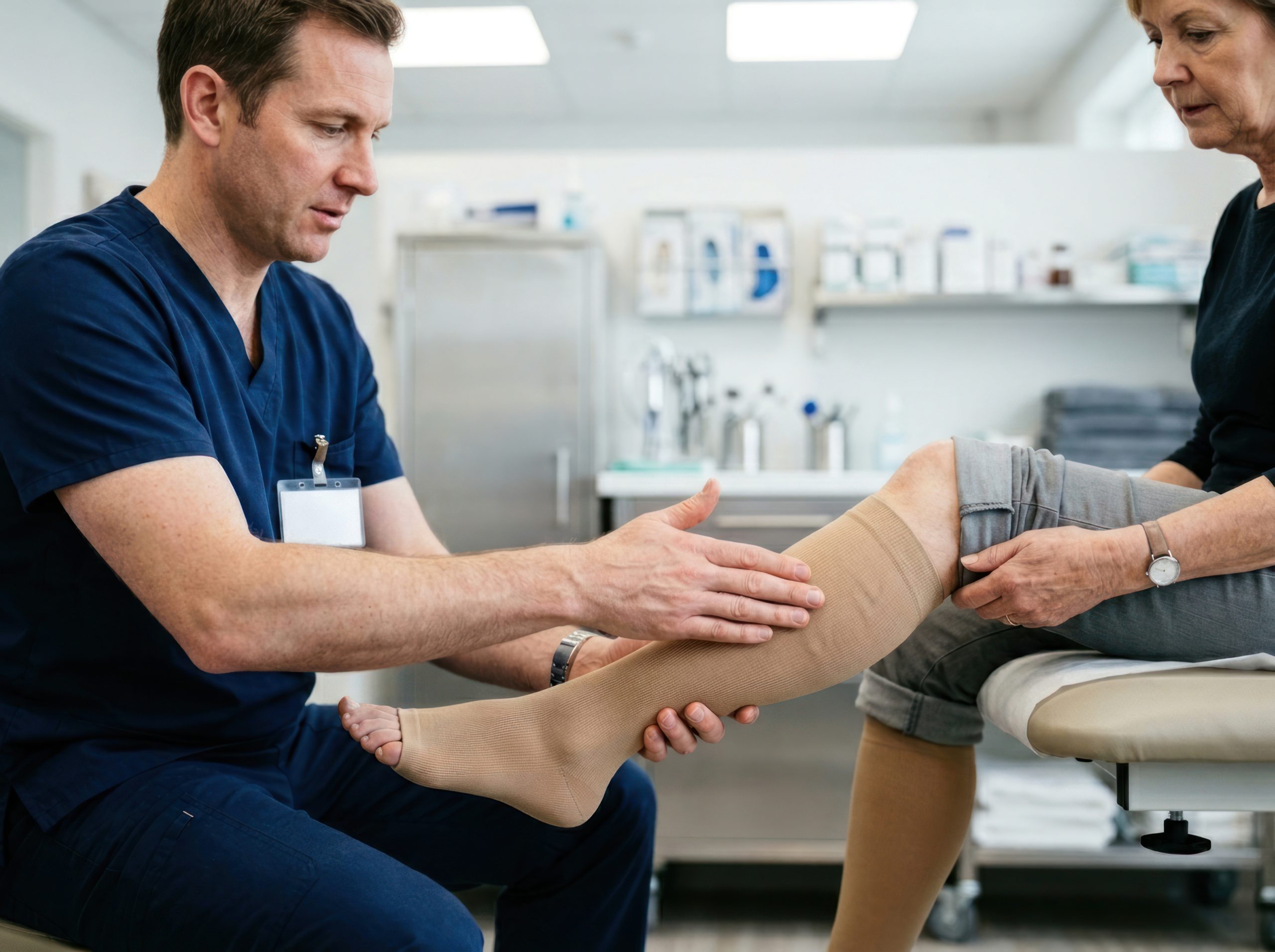 Healthcare provider examining a patient’s lower leg with compression socks.